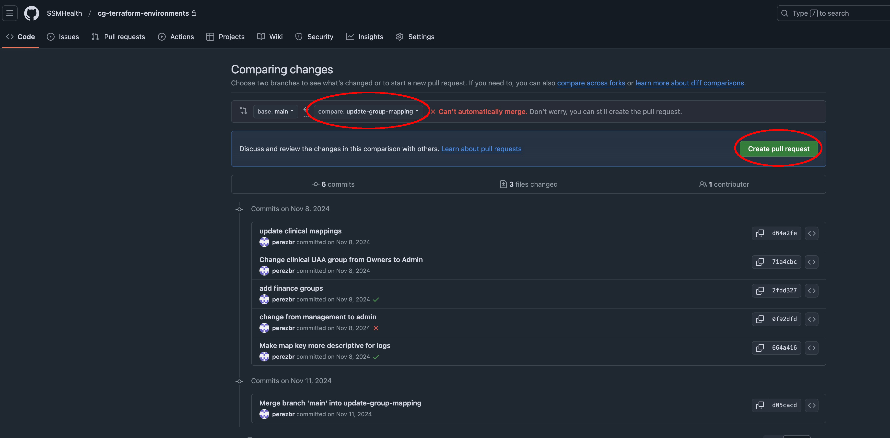 Opening a pull request comparing changes